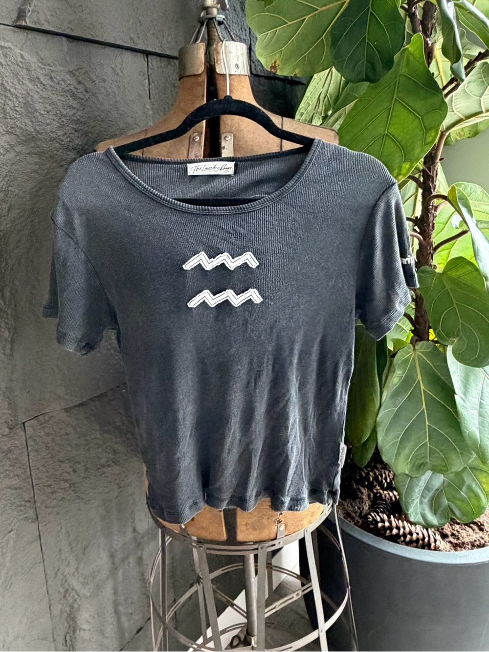 The Laundry Room Charcoal Ribbed Short Sleeve Tee with White Embroidery